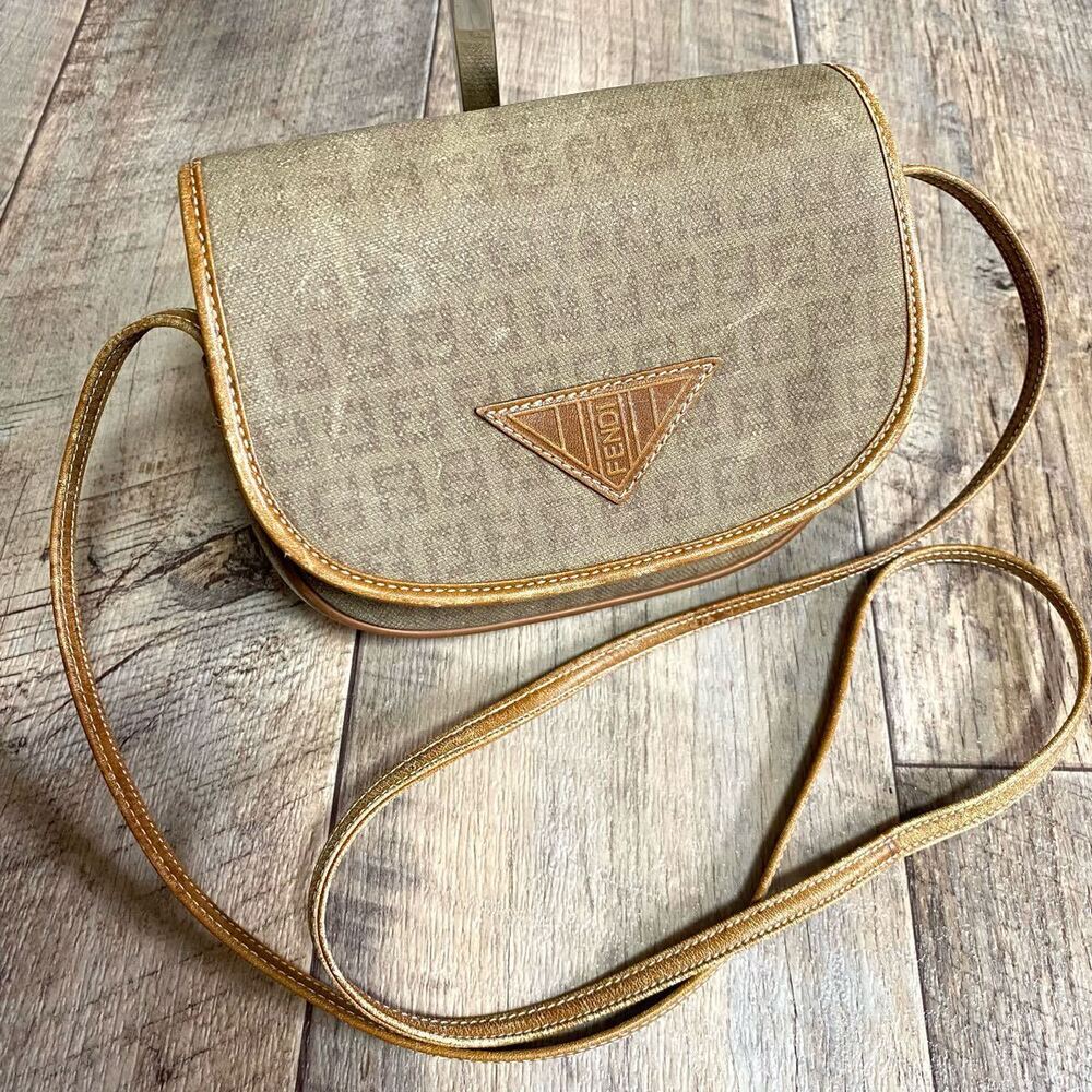 Fendi Zucchino Canvas Shoulder Bag Beige Crossbody Leather